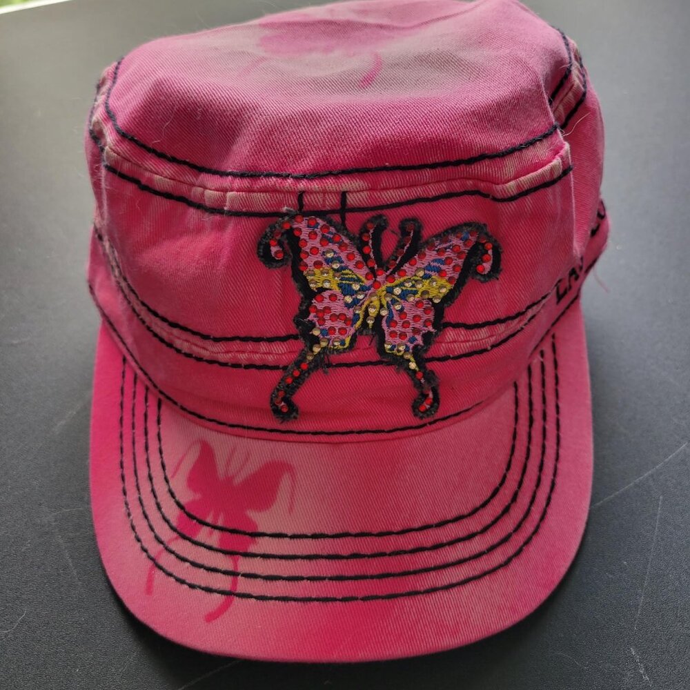 Las Vegas Pink Hat Women's Embellished Butterfly Adjustable Flat Top Cap